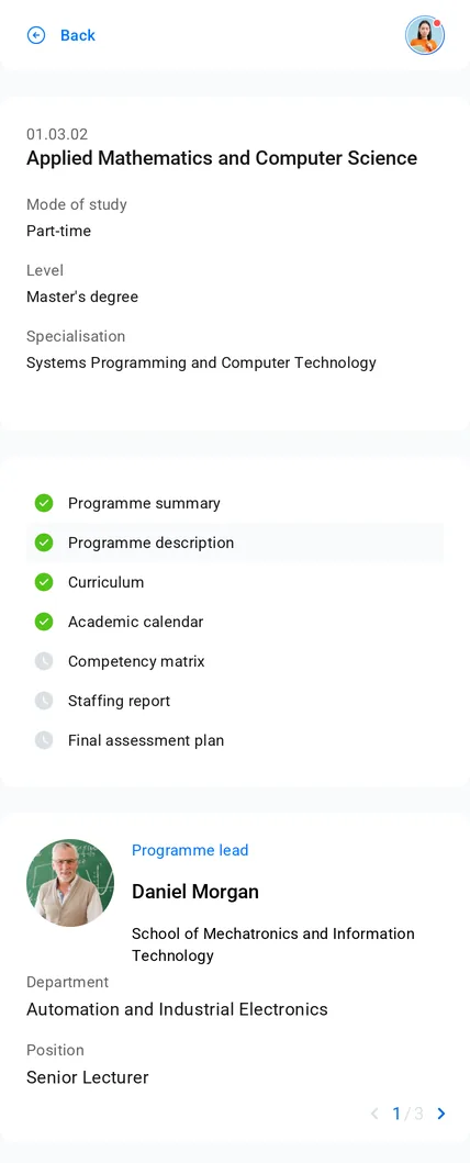 Degree programme card in the Accreditation module on a phone