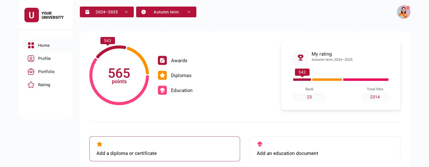 Achievements dashboard in a crimson university theme