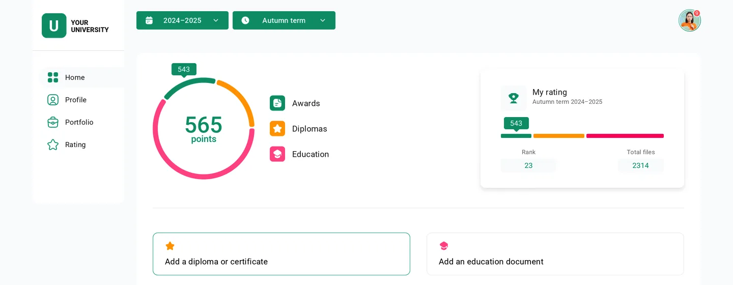 The same dashboard in an emerald university theme