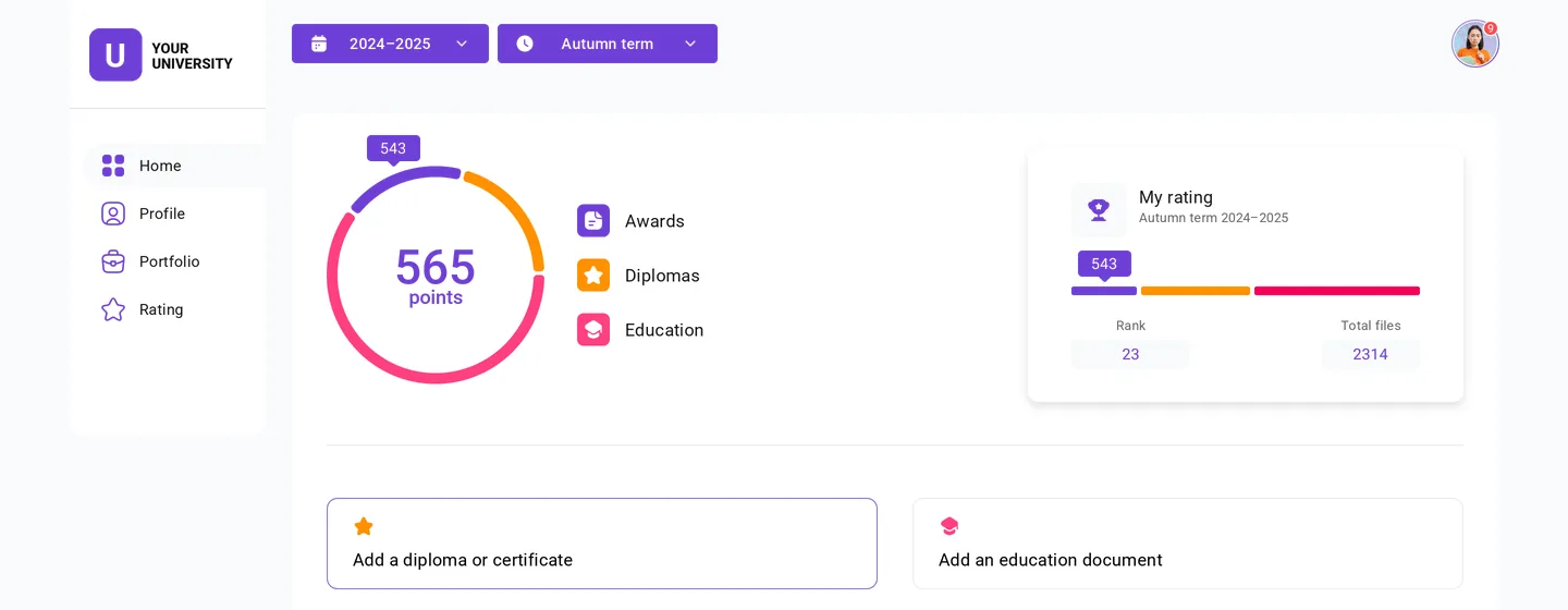 The same dashboard in a violet university theme