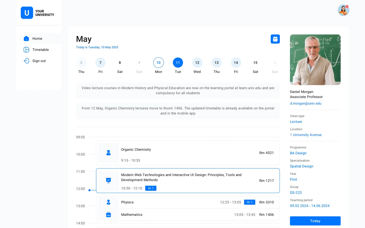 Timetable module on desktop