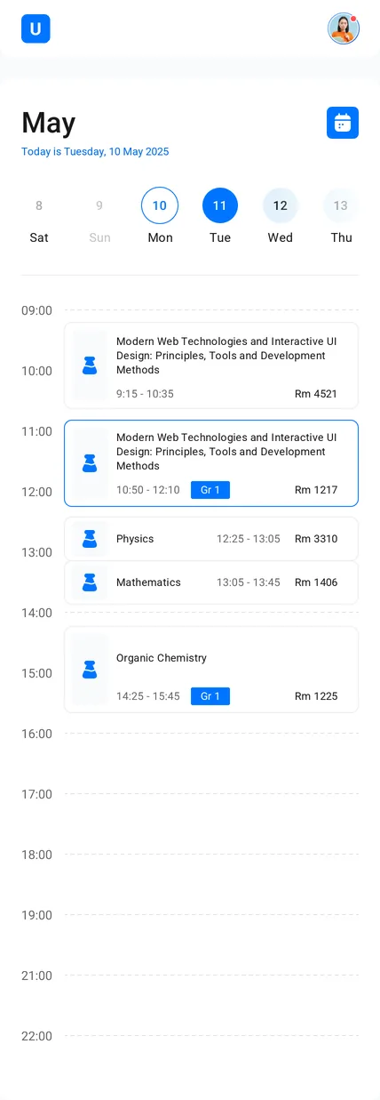 Weekly schedule builder of the Timetable module on a phone