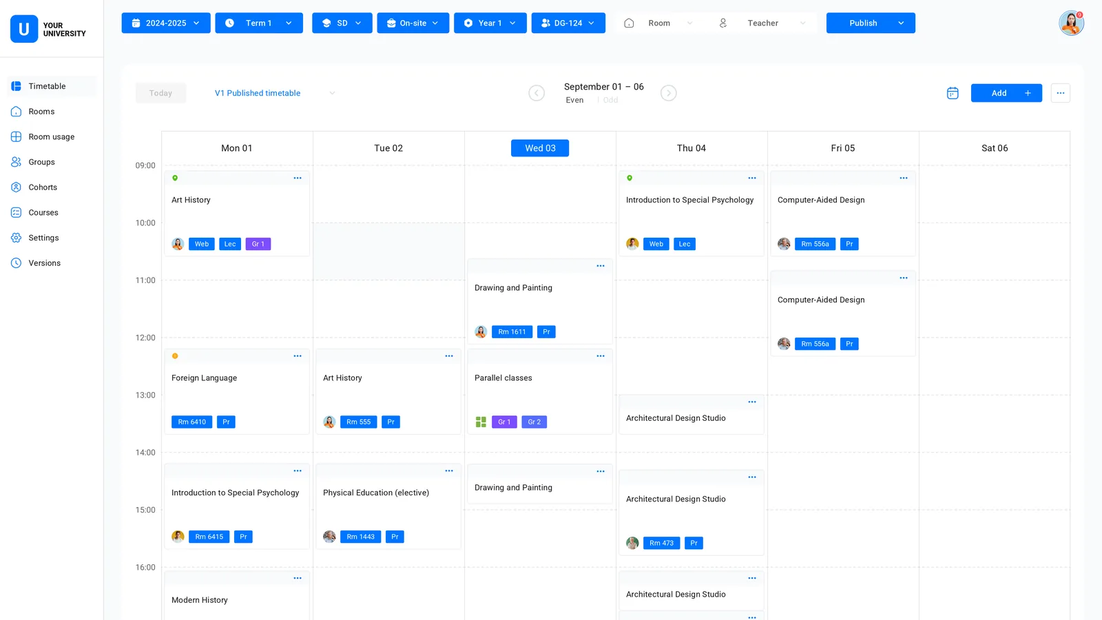 Weekly schedule builder of the Timetable module