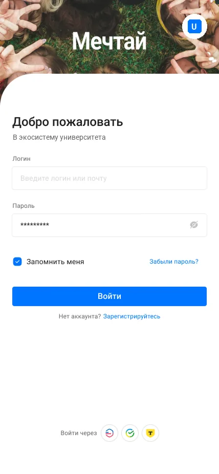 Экран входа модуля «Единый вход» на телефоне