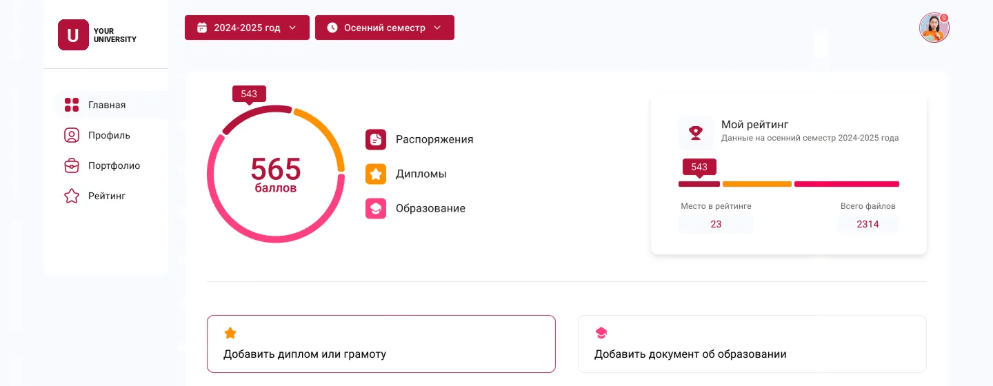 Панель достижений в малиновой теме вуза